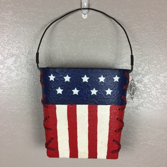 Dept. 56 Painted USA Flag Hanging Metal Bucket hang on front door with flowers - Picture 9 of 9
